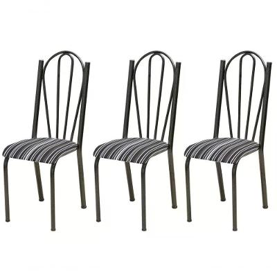 Kit 03 Cadeiras Tubular Cromo Preto 021 Assento Preto Listra