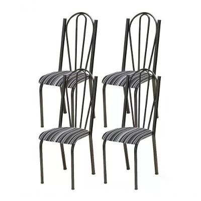 Kit 04 Cadeiras Tubular Cromo Preto 021 Assento Preto Listra