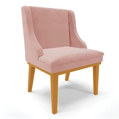 Cadeira De Jantar Veludo Base Fixa Madeira Castanho Cor Rose
