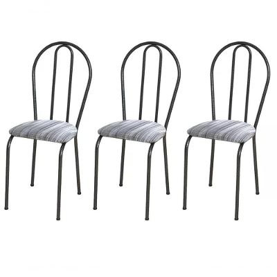 Kit 03 Cadeiras Tubular Cromo Preto 004 Assento Linho Linho