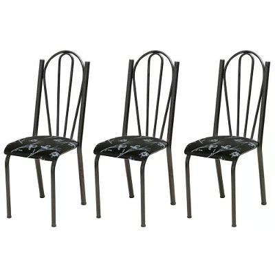 Kit 03 Cadeiras Tubular Cromo Preto 021 Assento Preto Florid