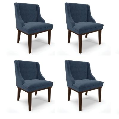 Kit 04 Cadeiras De Jantar Suede Azul Marinho Base Madeira