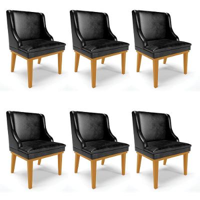 Kit 06 Cadeiras Corano Preto Base Fixa Madeira Castanho