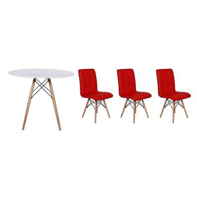 Kit Mesa Jantar Eiffel 90cm Branca + 03 Cadeiras Gomos Vermelha