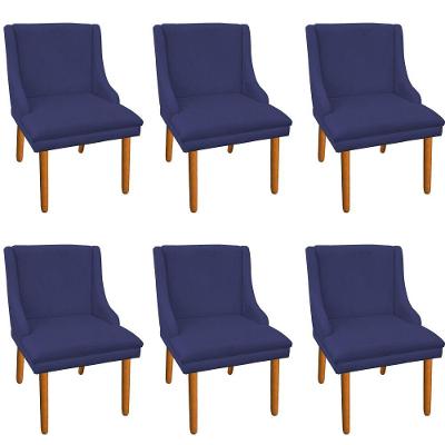 06 Cadeiras de Jantar Suede Pés Palito Castanho Azul Marinho