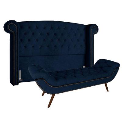 Cabeceira Cama Box Casal 140cm Provença Com Calçadeira Vêneto P02 Veludo Azul Marinho