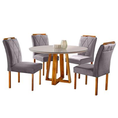 Conjunto Sala De Jantar 4 Lugares Mesa Redonda 1,2m E 4 Cadeiras Moveis Mix Mel Off-white Com Grafite