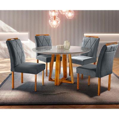 Conjunto Sala De Jantar Natalle 4 Lugares Com Mesa Redonda E Tampo Em Vidro 1,2m E 4 Cadeiras Móveis Mundial Mel/offwhite/cinza Profundo