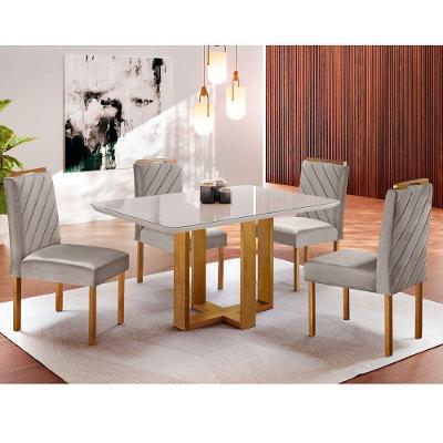 Kit Sala De Jantar 4 Lugares Mesa Lisy E Cadeiras Jade Veludo Off White Com Marrom Acinzentado