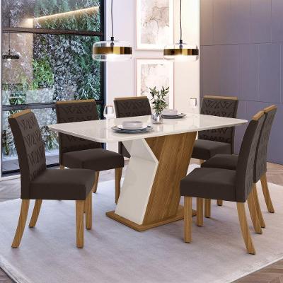 Conjunto Sala De Jantar Com Vidro 160 Cm 6 Cadeiras Nature Com Off White E Marrom Expresso