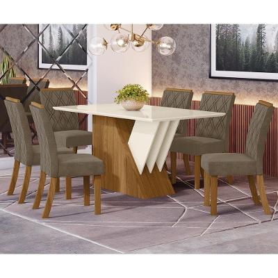Conjunto Sala De Jantar Tampo Mdf Canto Reto Com Vidro 160 Cm 06 Cadeiras Cecily Henn Nature Com Off White E Bege