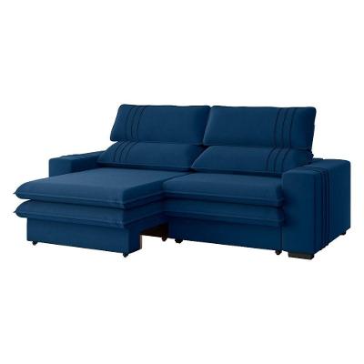 Sofá 2 Lugares Retrátil Noruega 270 Cm Veludo Azul Marinho Pés Tabaco - D'rossi