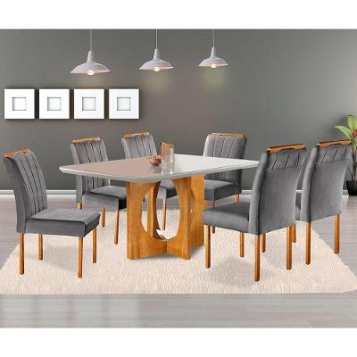 Conjunto Sala De Jantar 6 Lugares Mesa Barcelona E Cadeiras Em Veludo Móveis Mix Mel/Off White/Cinza