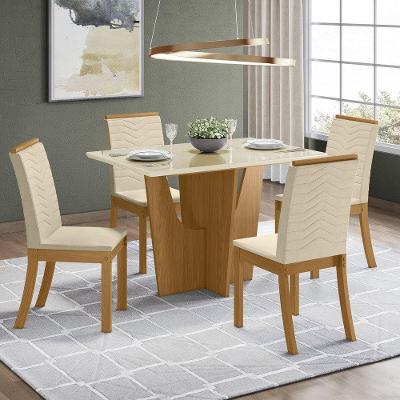Conjunto Sala De Jantar Tampo Mdf Canto Reto Com Vidro 120 Cm 04 Cadeiras Valentina Henn Nature Com Off White E Linho