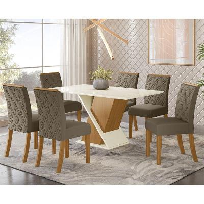 Conjunto Sala De Jantar Tampo Mdf Canto Reto Com Vidro 160 Cm 06 Cadeiras Indy Henn Nature Com Off White E Bege