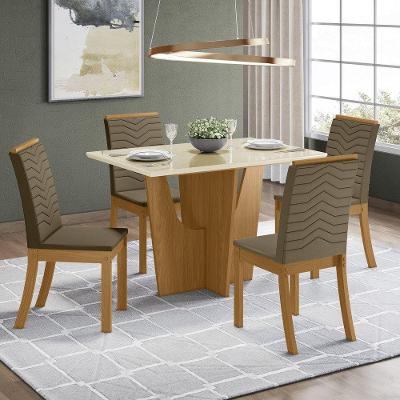 Conjunto Sala De Jantar Tampo Mdf Canto Reto Com Vidro 120 Cm 04 Cadeiras Valentina Henn Nature Com Off White E Bege