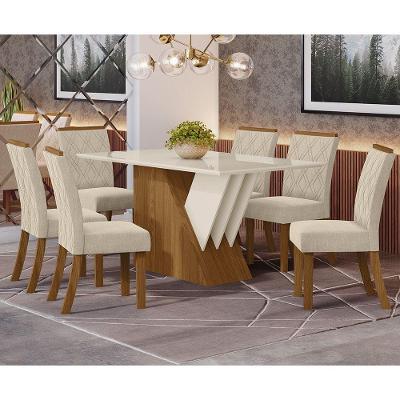 Conjunto Sala De Jantar Tampo Mdf Canto Reto Com Vidro 160 Cm 06 Cadeiras Cecily Henn Nature Com Off White E Linho