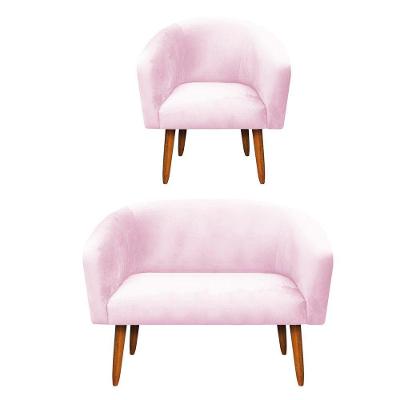 Kit 01 Namoradeira e 01 Poltrona Suede Rosa Bebê Pés Palito