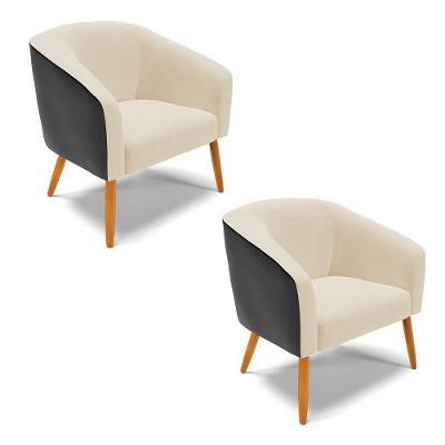 Kit 02 Poltronas Corano Preto Com Linho Bege Pés Palito
