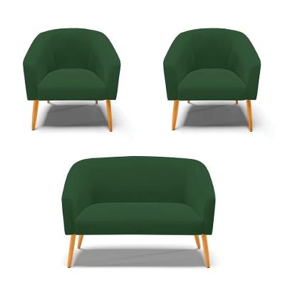 Kit 1 Namoradeira E 02 Poltronas Pés Palito Castanho Verde