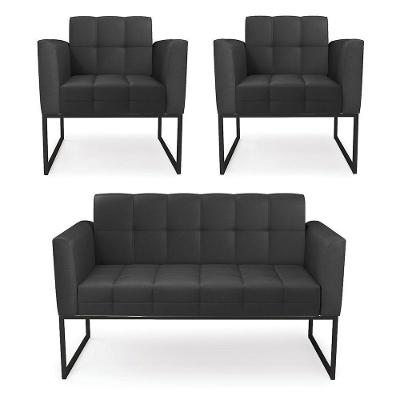 Kit 1 Sofá Namoradeira E 2 Poltronas Elisa Corino Base Metálica Industrial Preto - D'rossi Cor Preto