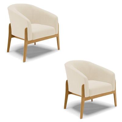 Kit 02 Poltronas Stella Linho Base Madeira Castanho - D'rossi Cor A19 Bege