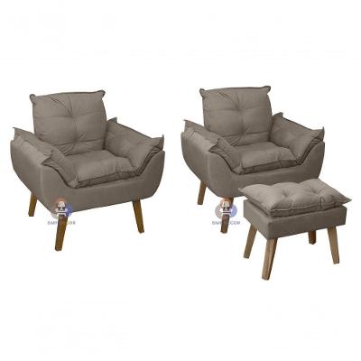 Kit 02 Poltrona Decorativa e Puff Opala Capuccino SMF DECOR