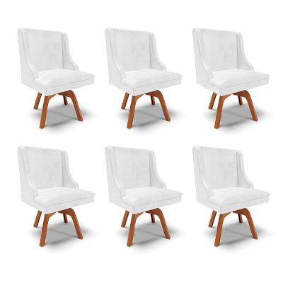 Kit 6 Cadeiras Decorativas Sala De Jantar Base Giratória De Madeira Firenze Pu Branco Brilho/natural G19 - Gran Belo