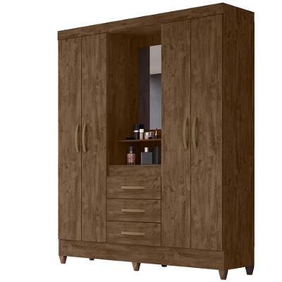 Guarda Roupa 4 Portas Com Espelho 8313 Castanho Wood Moval Castanho Wood