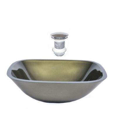 Cuba de Vidro Quadrada 35cm Ouro Envelhecido + Valvula Click