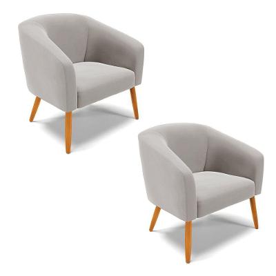 Kit 02 Poltronas Veludo Cinza Pés Palito Castanho