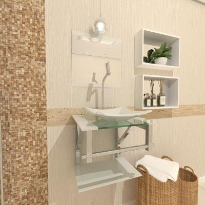 Gabinete de Vidro Banheiro 40cm Inox Branco Com Torneira