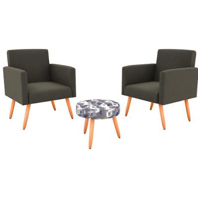 Conjunto Com 2 Poltronas E 1 Puff Dallas Matrix Estampado/marrom Claro