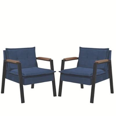 Kit 2 Poltrona Fortaleza Veludo Azul Base Em Metal Preto