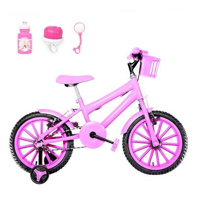 Bicicleta Infantil Aro 16 Nylon + Kit Passeio Cor Rosa