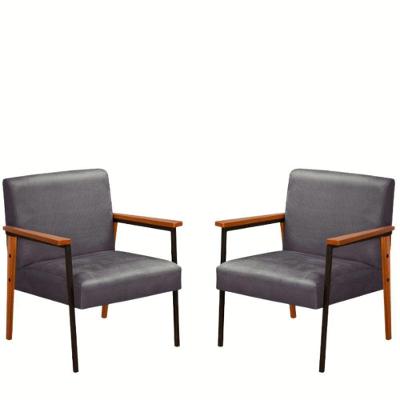 Kit 2 Poltrona Fontana Veludo Cinza Base Em Metal Preto E Madeira