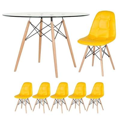 Mesa Eames Com Tampo De Vidro 120 Cm + 5 Cadeiras Estofadas Eiffel Botonê Amarelo