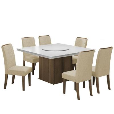 Conjunto De Mesa Sala De Jantar Com Tampo Giratório Amesterdã 1,36m 6 Cadeiras Grécia Cedro/Off White/Bege