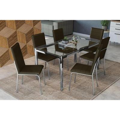 Kit Mesa Reno C- Tampo de Vidro 150cm + 6 Cadeiras Amsterdã Cromado Marrom