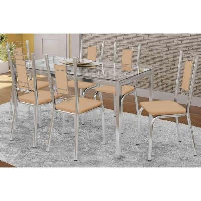 Conjunto: Mesa de Cozinha Reno c/ Tampo Vidro 150cm + 6 Cadeiras Florença Cromada/Nude - Kappesberg