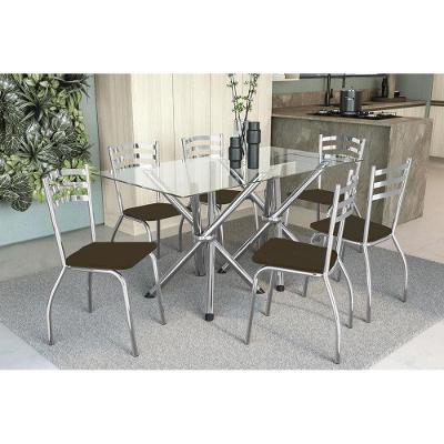 Conjunto: Mesa de Cozinha  Volga c/ Tampo de Vidro 150cm + 6 Cadeiras Portugal Cromado/Marrom - Kappesberg