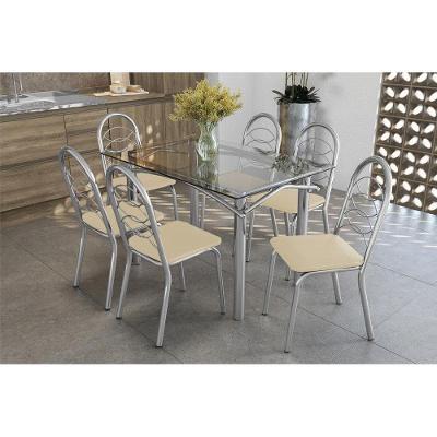 Conjunto: Mesa de Cozinha Elba c/ Tampo Vidro 120cm + 6 Cadeiras Holanda Cromada/Nude - Kappesberg