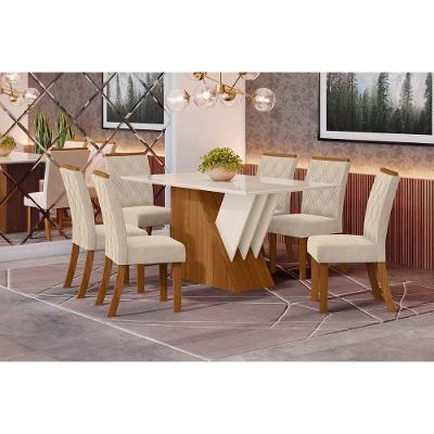 Sala de Jantar Completa Epic c/ Tampo Madeirado c/ Vidro 160cm + 6 Cadeiras Vita Nature/Veludo Light Linho - Henn