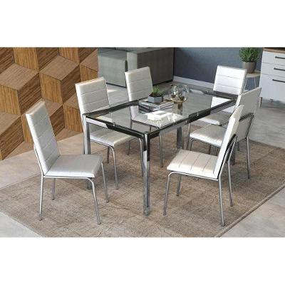 Conjunto: Mesa Sala Jantar Reno c/ Tampo Vidro 150cm + 6 Cadeiras Amsterdã Cromado/Courano Branco - Kappesberg