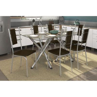 Conjunto: Mesa de Cozinha Volga c/ Tampo de Vidro 150cm + 6 Cadeiras Lisboa Cromado/Marrom - Kappesberg