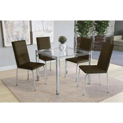 Kit Mesa Reno C- Tampo Vidro 90cm + 4 Cadeiras Amsterdã Cromado Courano Marrom