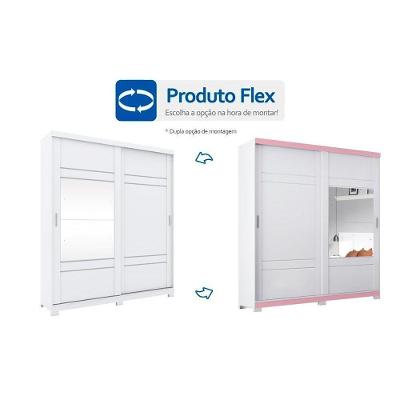 Guarda Roupas 2 Portas de Correr Verg c/  de Correr e 3 Gavetas Branco/Rosa-Henn