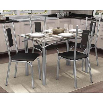 Conjunto: Mesa de Cozinha Elba c/ Tampo de Vidro 120cm + 4 Cadeiras Florença Cromada - Assento Preto - Kappesberg