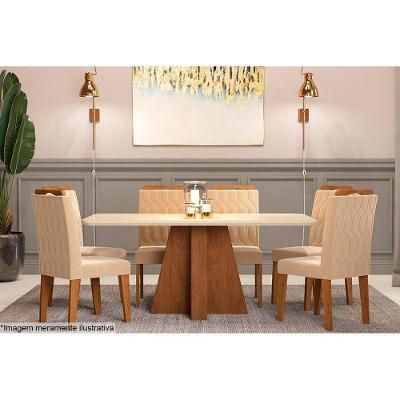 Conjunto: Mesa Sala Jantar Maitê Tampo Madeirado c/ Vidro 160cm Canto Curvo + 6 Cadeiras Paola Savana/OW/Nude - Cimol