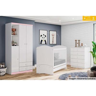 Guarda Roupa Infantil Bala de Menta c/ 3 Portas e 2 Gavetas Branco/Rosa - Henn